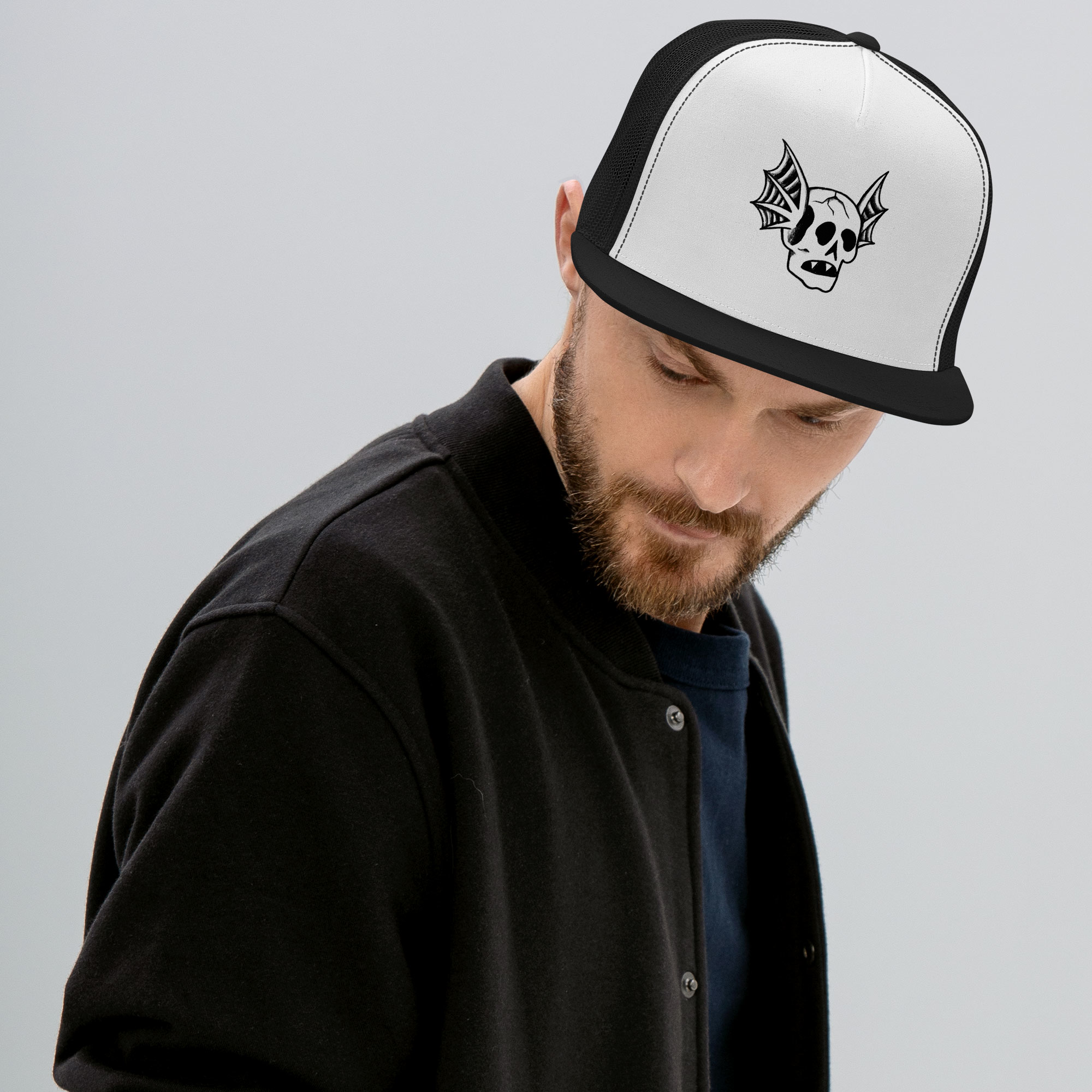 Bat Skull Trucker Cap - Black & White